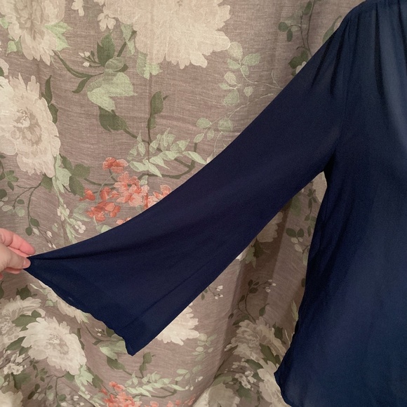 Alya Navy Blue Bell Sleeve Sheer Beaded Blouse - Picture 5 of 7